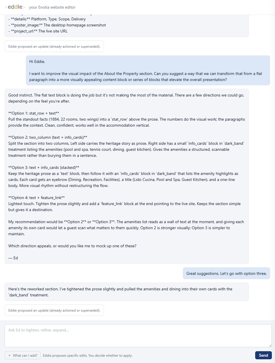 Raw Eddie CMS conversation before PRISIMM transformation